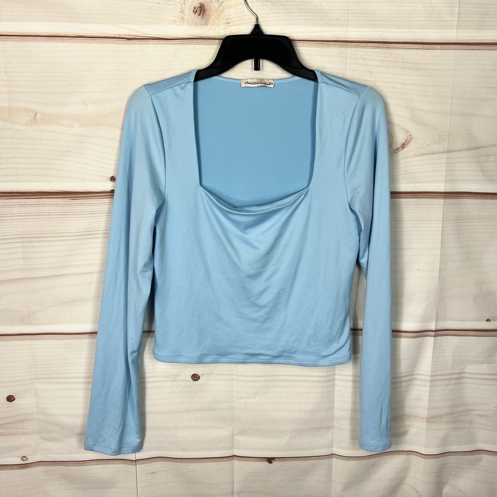 Sincerely Jules Top Women Large Blue Square Neck Blouse Cropped Knit Long Sleeve